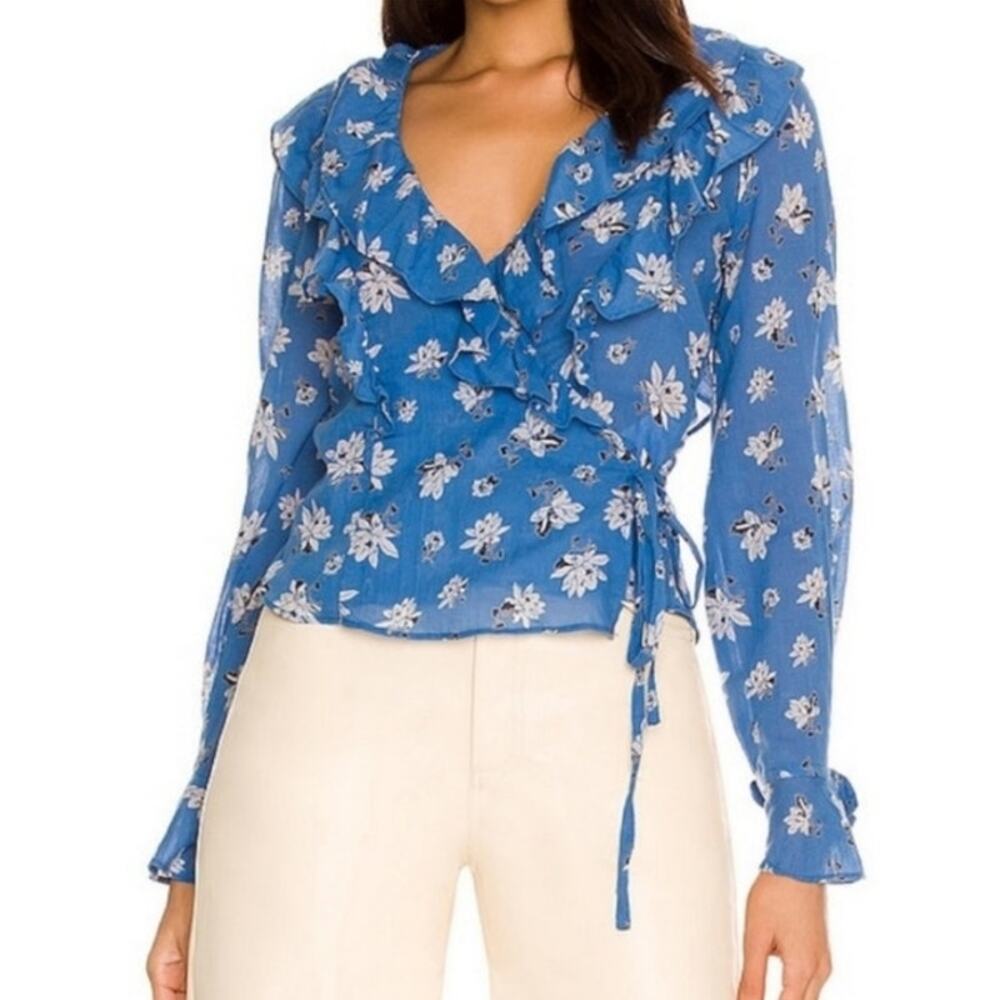Free People Amanda Blue Floral Ruffle Wrap Front Side Tie Size Medium